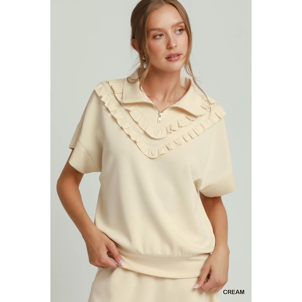 Umgee Ruffle Quarter Zip Short Sleeve Top‎ - Large